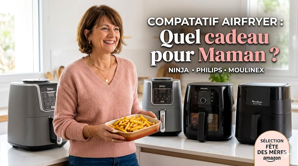 Comparatif Airfryers Fête des Mères : Maman souriante avec des frites dorées, modèles Ninja Double Stack, Philips Vision et Moulinex Mega sur un plan de travail de cuisine, sélection Cadeau Fête des Mères Amazon.