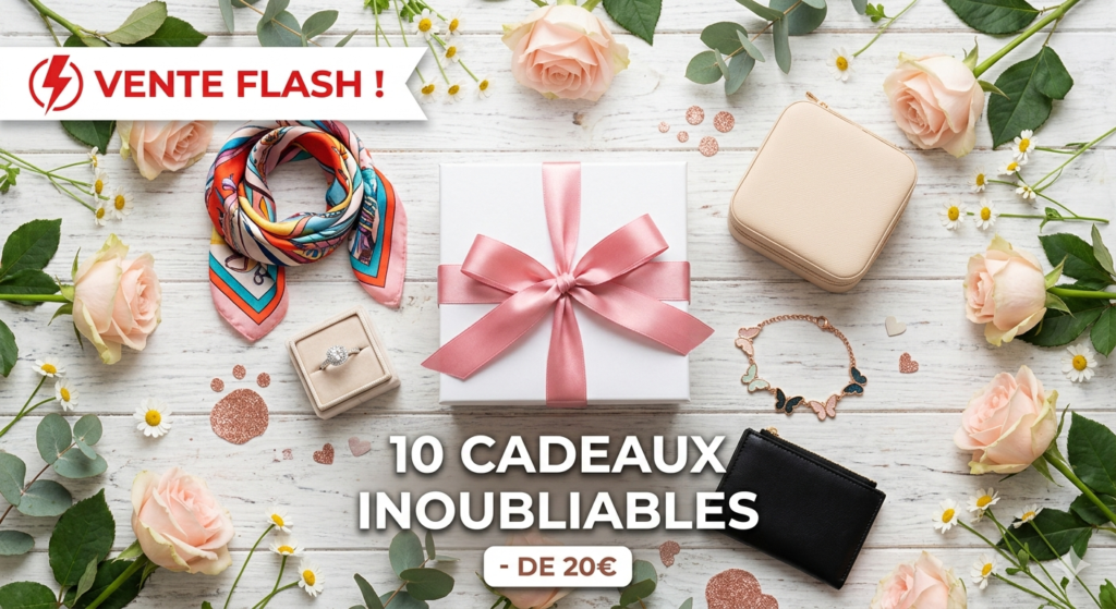 Image d'illustration pour la Vente Flash Fête des Mères : sélection de 10 cadeaux à moins de 20€ incluant foulard, bague, bijoux et accessoires sur fond de roses.