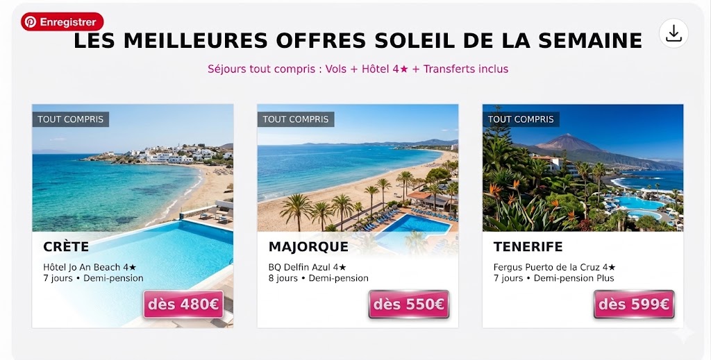 alt="Infographie ltur des meilleures offres soleil de la semaine tout compris pour la Crète, Majorque et Tenerife"