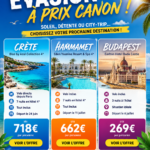 🔥 Craquez pour ces séjours à prix canon avant qu’il ne soit trop tard ! 6 Affiche promotionnelle voyage avec offres last minute pour la Crète, Hammamet et Budapest avec vols et hôtels inclus à prix réduits.