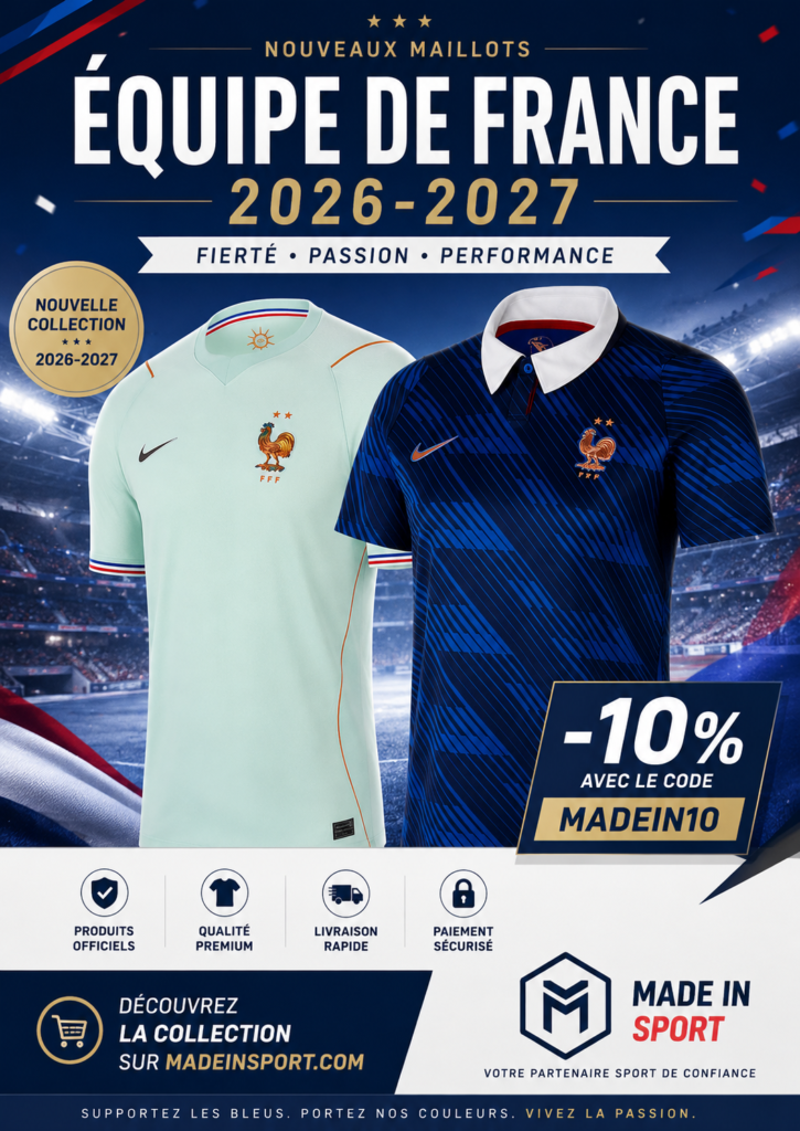 Maillots équipe de France 2026-2027 domicile et extérieur avec promotion Made In Sport et code promo -10%