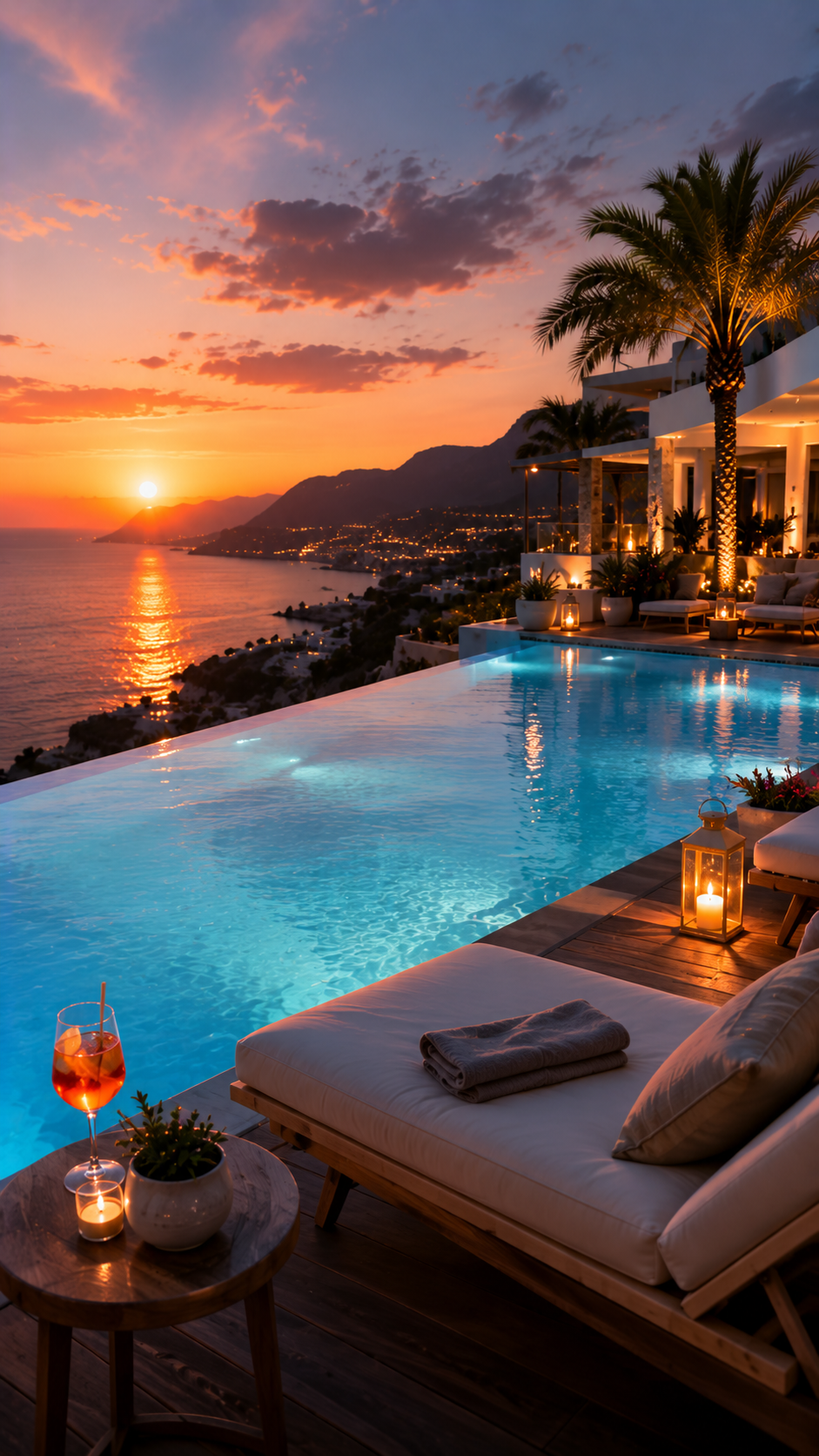 Crète 2026 : découvrez le séjour parfait pour des vacances de rêve au soleil ☀️ 3 Vue splendide du coucher de soleil depuis la piscine à débordement d'un hôtel haut de gamme lors d'un séjour en Crète