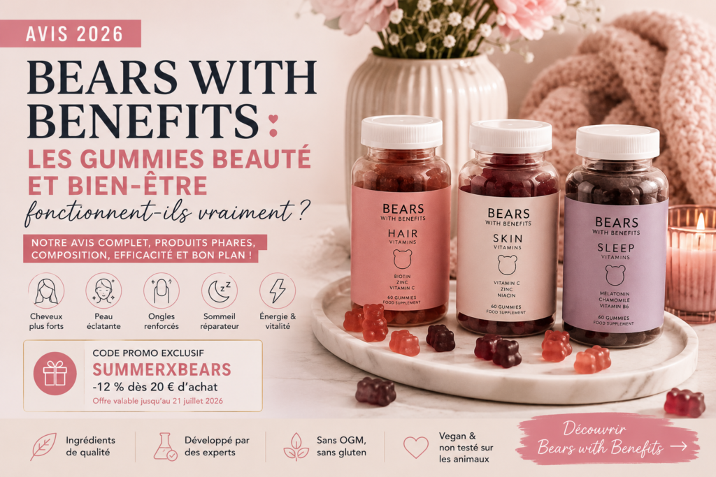 Gummies Bears with Benefits pour les cheveux, la peau et le bien-être présentés dans une ambiance rose et cocooning.