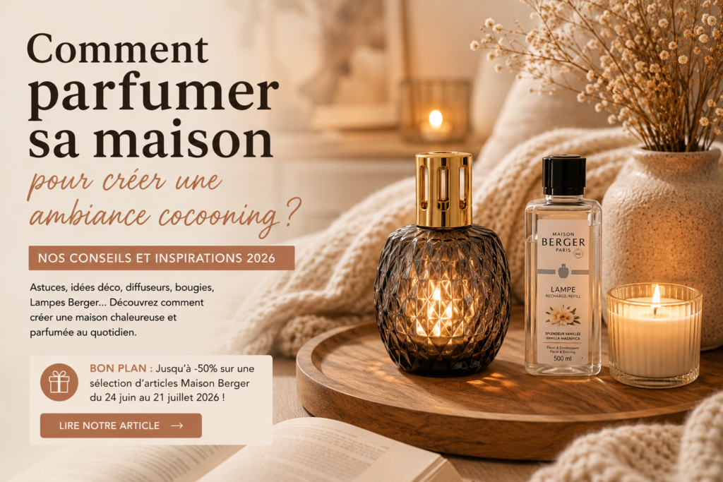 Ambiance cocooning avec lampe Berger, bougie parfumée et diffuseur de parfum dans un salon chaleureux pour parfumer sa maison