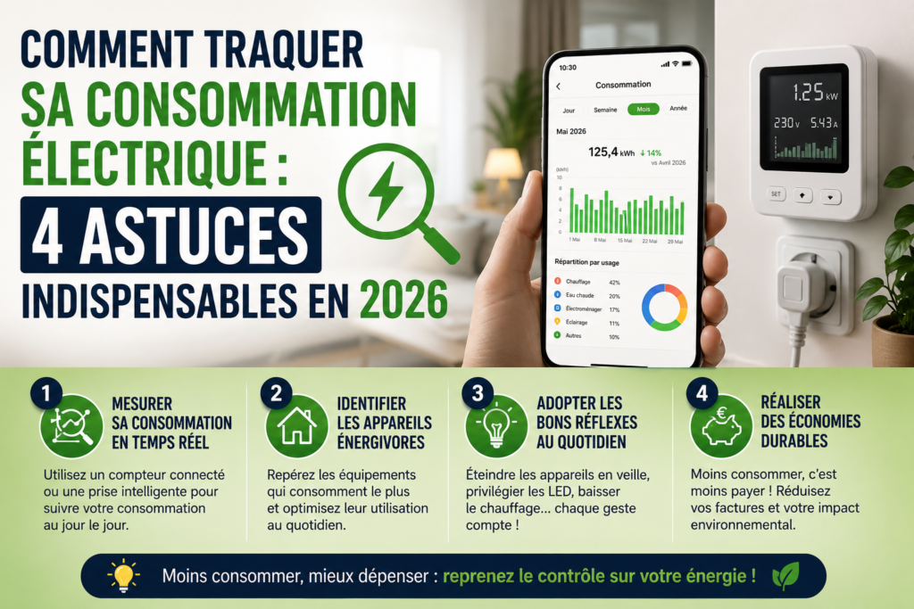 Comment traquer sa consommation électrique en 2026 grâce à un smartphone, un compteur connecté et des astuces pour réduire sa facture d'électricité.