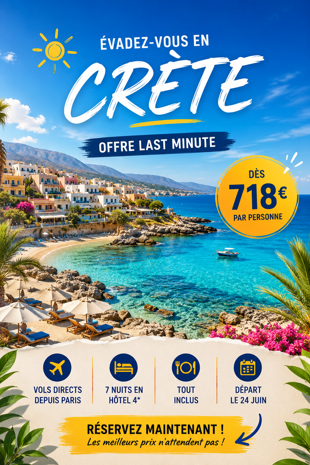 🔥 Craquez pour ces séjours à prix canon avant qu’il ne soit trop tard ! 1 Sélection de voyages last minute en Crète avec hôtel 4 étoiles au bord de l'eau turquoise