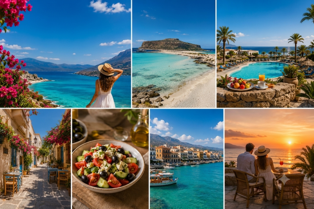 Collage de photos de vacances en Crète avec plages paradisiaques, gastronomie méditerranéenne, villages typiques et coucher de soleil pour un voyage pas cher