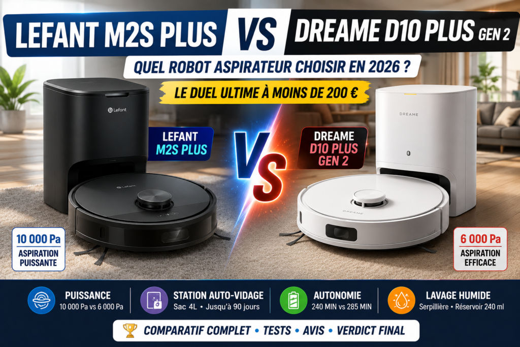 Comparatif Lefant M2S Plus vs Dreame D10 Plus Gen 2, deux robots aspirateurs avec station de vidage automatique comparés sur la puissance d’aspiration, l’autonomie et les fonctionnalités en 2026.