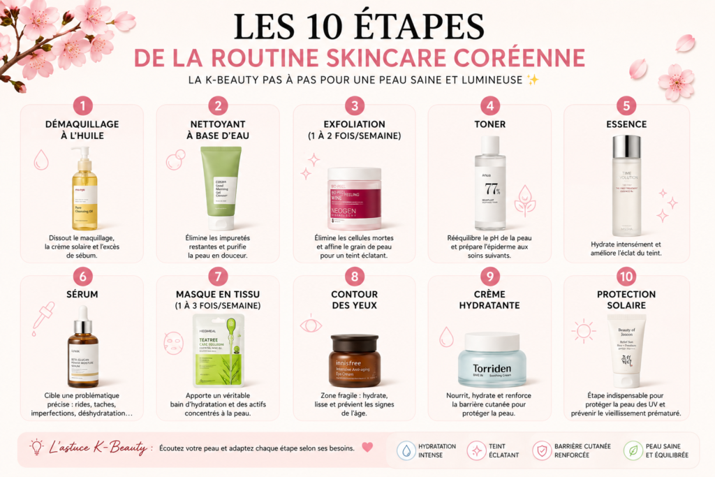 Routine skincare coréenne : construire une routine adaptée à son type de peau 2 Les 10 étapes de la routine skincare coréenne : démaquillage, nettoyage, exfoliation, toner, essence, sérum, masque, contour des yeux, crème hydratante et protection solaire.
