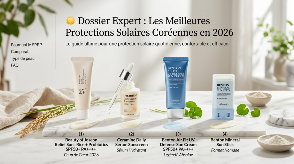 Sélection des meilleures protections solaires coréennes 2026 : Beauty of Joseon, Ceramine et Benton alignées sur un support en marbre.