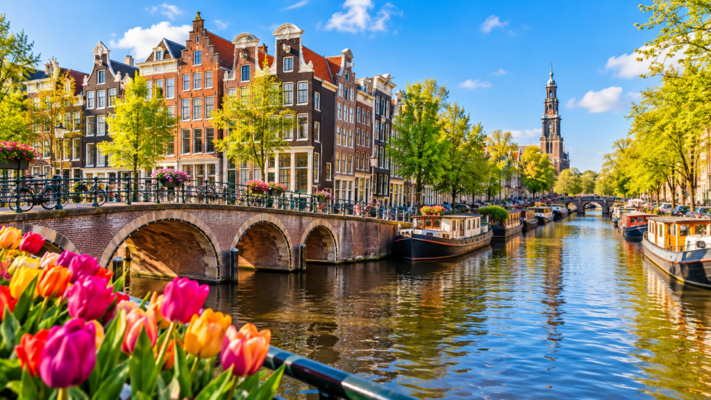 Voyage pas cher en Europe : vue des canaux et maisons traditionnelles d'Amsterdam